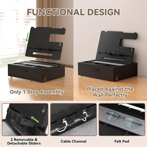 Pezin & Hulin Wooden Charging Station, Bedside Nightstand Tray, with Spacious Drawer, Felt Pads for Phones, Watch, Idea