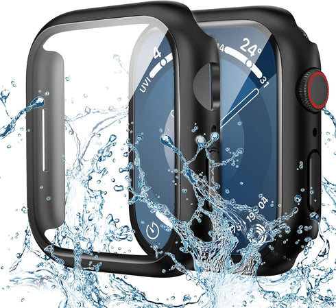 Goton Waterproof Case for Apple Watch Screen Protector 45mm Series 7 8 9, Tempered Glass Face Cover for iWatch