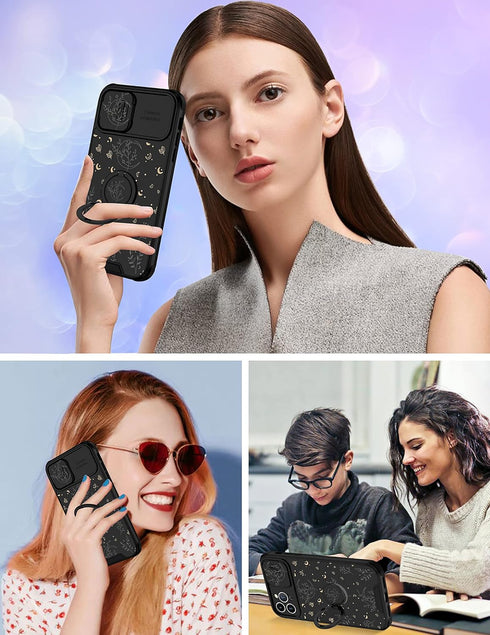 Goocrux iPhone 12 Pro Case, Moon Plants Cute Phone Cover with Slide Camera Cover + Ring Holder, 6.1'', Black