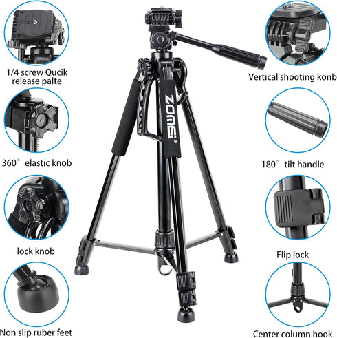 61’’ Camera Tripod with Phone Holder - Professional Travel Tripod Compatible with Cameras, Cell Phones, Projectors