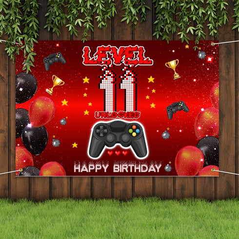 Level 11 Unlocked Backdrop Banner Decorations - Video Game Happy 11th Birthday for Boys Kids, Red and Black Level Up