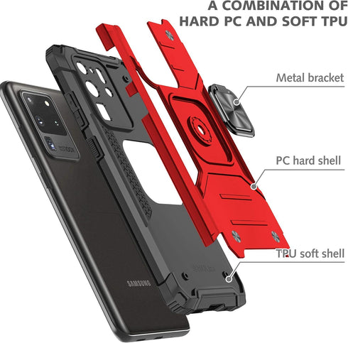Anqrp Galaxy S20 Ultra Case, Military Grade Protective Phone Cover with Enhanced Metal Ring Kickstand, Red