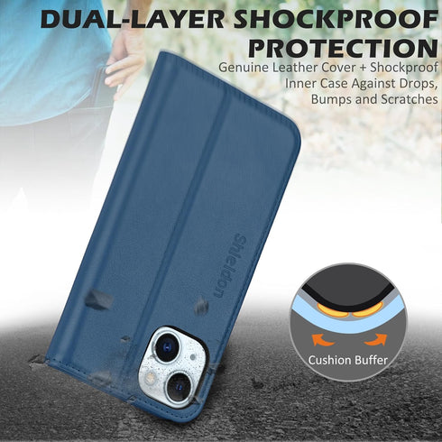 SHIELDON 15 2023, 15 6.1" Case for iPhone Genuine Leather Wallet Foldable Case with Kickstand RFID Blocking Card Holder