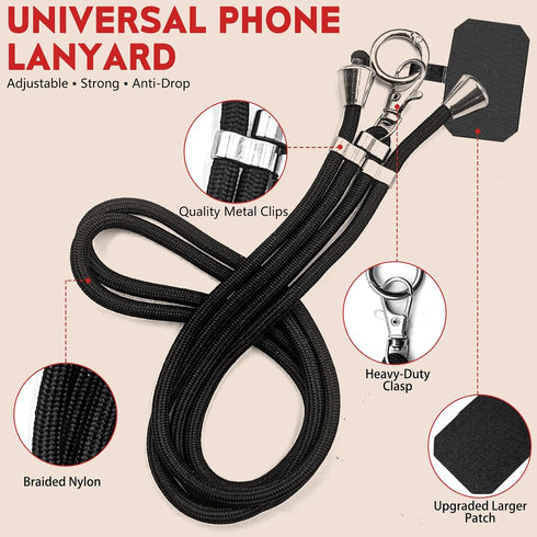 RCHQOUTOR Phone Lanyard for Cellphone Case, Adjustable Crossbody Phone Strap with Tether Tab & Carabiner Clips