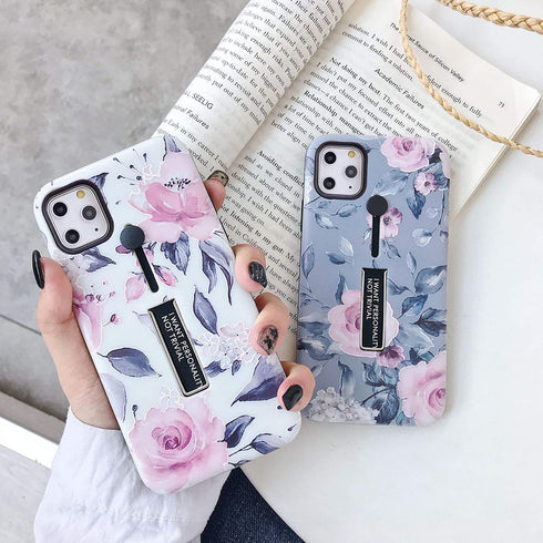 Compatible with iPhone 11 Pro Max Case, Finger Grip, 3D Embossed Pink Flowers Gray Shell Design, Rugged Shockproof Case