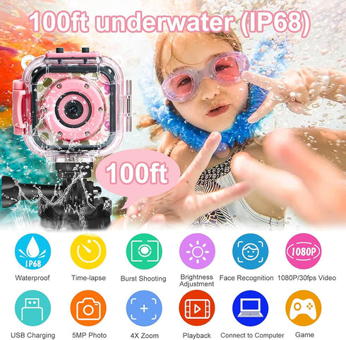 PROGRACE Kids Waterproof Camera Gift Toy, 1080P Digital Video Camera for Kids, Toddler Camcorder for Girls Age 3-14