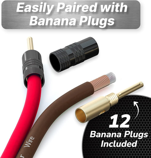 InstallGear 14 AWG Speaker Wire Cable (100 Foot + 12 Banana Plugs) - True Spec Soft Touch for Car, Home Theater,