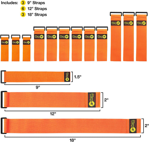 Super-Stretch Wrap-It Storage Straps - Assorted 12-Pack Orange Elastic Hook and Loop Cinch Straps