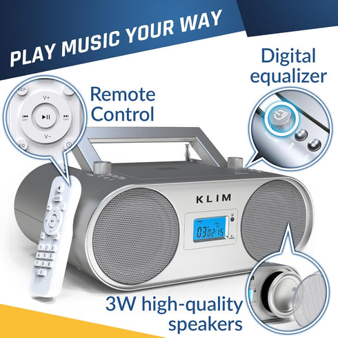 KLIM B4 MP3, Boombox CD Player Portable Audio System - AM/FM Radio with CD Player, Bluetooth, AUX, USB - Wired