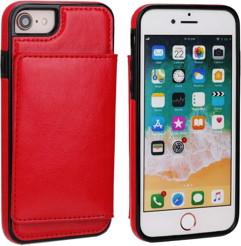 KIHUWEY Wallet Case for iPhone SE, 7/8 - Premium Leather with Credit Card Holder, Durable Shockproof Cover (Red)