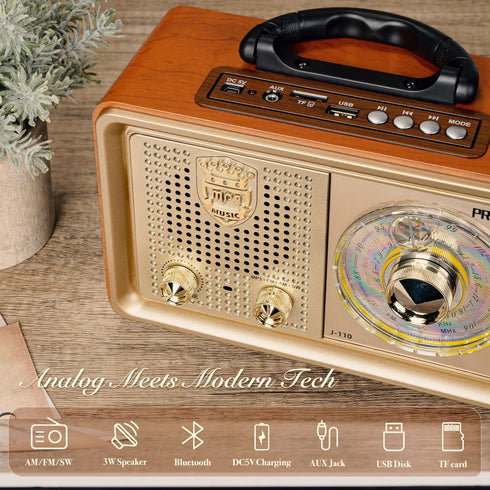 PRUNUS J-110 Retro Vintage Portable Radio AM FM, Battery Powered & Rechargeable, Shortwave Radio