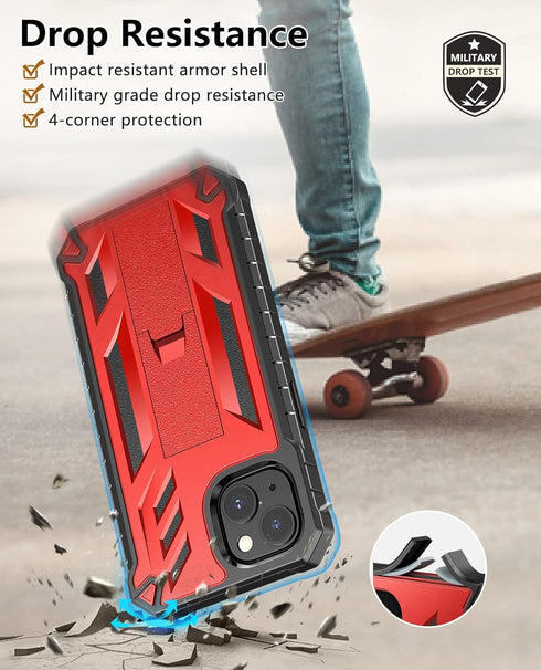 Protective Case for iPhone 13/14, Heavy Duty Military Grade Cover with Built-in Kickstand, Shock Proof Red