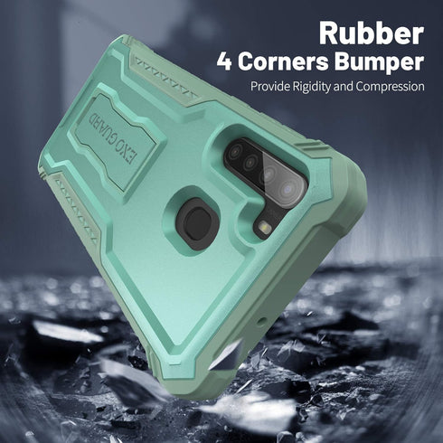 ExoGuard Rubber Shockproof Full-Body Case for Samsung Galaxy A21, Green with Built-in Screen Protector & Kickstand