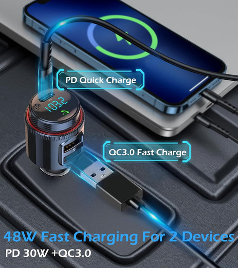 Wireless FM Transmitter Car Bluetooth Adapter, USB C & QC3.0 Dual Fast Charging, Cigarette Lighter Radio Music,