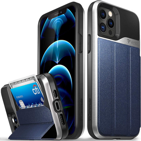 VENA vCommute Wallet Case for Apple iPhone 12 / iPhone 12 Pro (6.1"-inch), Blue Flip Leather Cover with Kickstand