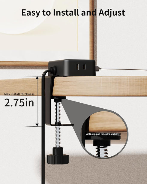 HOPOW 4 4 (2 10Ft 2.75" Desk Clamp Power Strip, Desktop Mount Charging Station with Outlets USB Ports USB C), Under