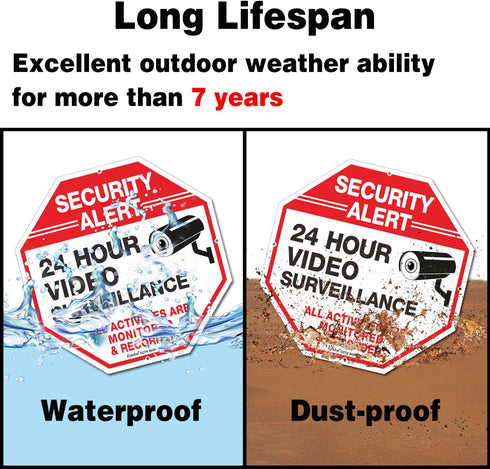 (4 Pack) "Security Alert, 24 Hour Video Surveillance" Signs, 10x10 Inches Aluminum Reflective Warning Sign