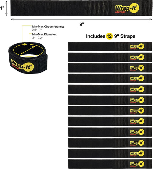 Quick-Straps by Wrap-It Storage – 9” (12-Pack) Black Hook and Loop Straps for Hose and Cord Storage Organization