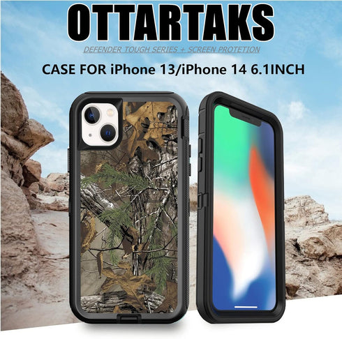Compatible iPhone 14 Case, iPhone 13 Shockproof Heavy Duty Protective Case with Screen Protector, Camouflage
