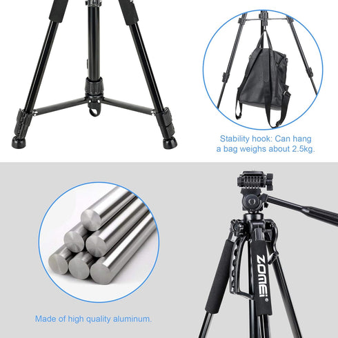 61’’ Camera Tripod with Phone Holder - Professional Travel Tripod Compatible with Cameras, Cell Phones, Projectors
