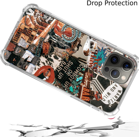 Western Cowgirl Cowboy Collage Case for iPhone 12 Pro Max, Unique Trendy Design, Boho Southwestern Retro TPU Bumper