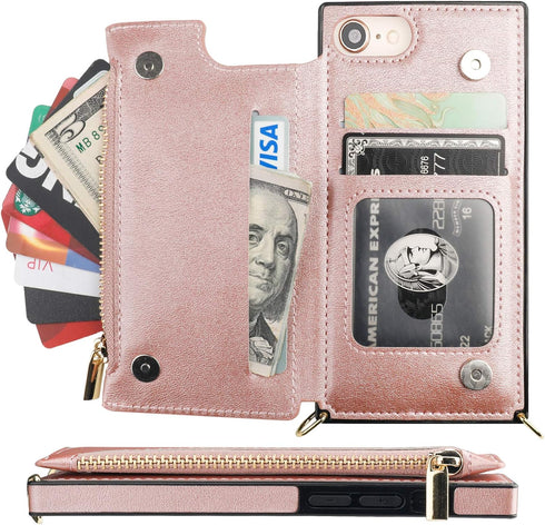 Bocasal Crossbody Wallet Case for iPhone SE 2022/SE 2020/7/8, Shockproof Purse Cover with Card Holder, Rose Gold