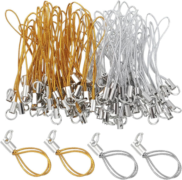 Larrel 100PCS Phone Keychain Strap, 58mm Cell Phone Split Ring Strap, Gold/Silver Cellphone