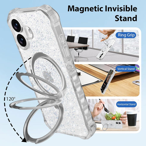 Casehas 17 6.3" Magnetic for iPhone Case with Invisible Stand, Compatible with MagSafe, Clear Bling Sparkle Shockproof