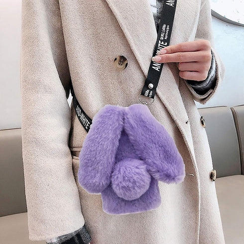 3D Bunny Ears Plush Case for iPhone SE 2022 & 2020/7/8, Handmade Bling Diamond Winter Warm Soft Rabbit Furry Cover,