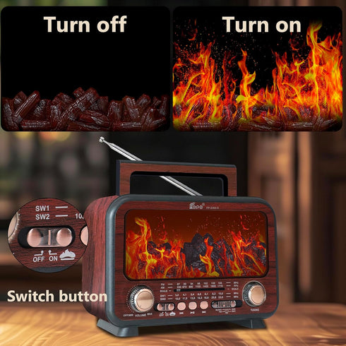 T.TAOMI Retro Portable Radio AM FM SW Shortwave Radio with Bluetooth Speaker,Flame Atmosphere Lamp Battery Operated,SUB