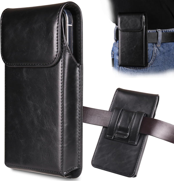 Premium Leather Phone Holster for iPhone 15, 14, 13, 12, 11, XR & Galaxy S24, S23, S22 - Black with Belt Clip.