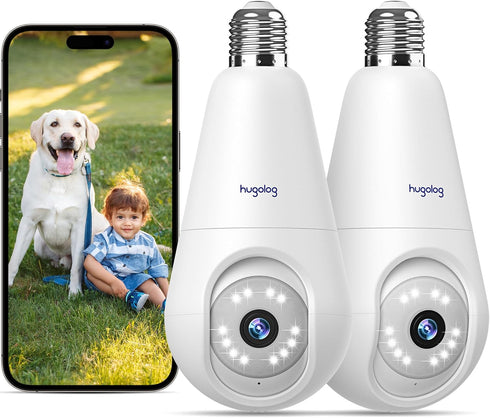Hugolog 2K Light Bulb Security Cameras, Wireless Outdoor Cameras with AI Motion Detection, 360° Auto Tracking, 24/7