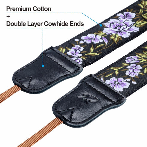 Padwa Lifestyle Purple Flower Camera Strap - 2" Double Layer Cowhide Head Camera Straps for Photographers,Adjustable Neck & Shoulder Vintage Jacquard Embroidery Flower Cotton Strap for all Cameras