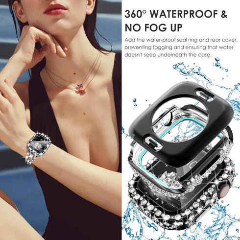 Surace Bling Diamond Rhinestone Link Bracelet for Apple Watch Bands 45mm, 2 in 1 Waterproof Bling Case (Black)