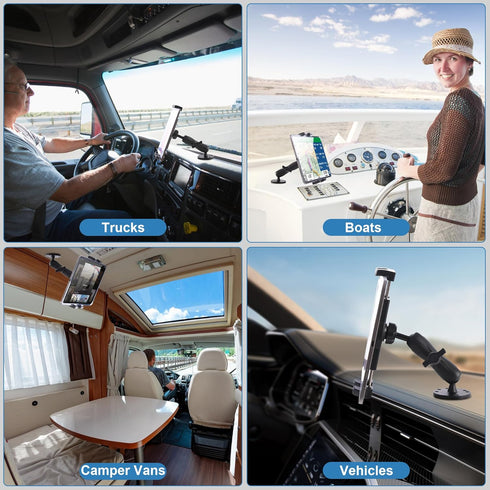 Industrial Tablet Mount for Truck & Vehicle, Heavy Duty Drill Base iPad Holder, Adjustable Aluminum Arm for 4.7"-12.9"