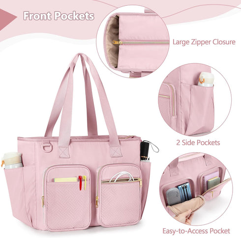 Teacher Tote Bag for Women, Large Utility Bag with Laptop Compartment, Pink (Empty Bag, Patent Design)