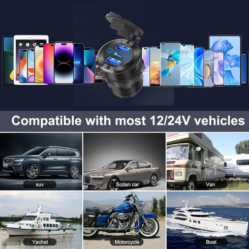 12V USB Aluminum Car Charger Socket, PD 3.0 Type C and Dual Quick Charge 3.0 USB Port for Car Boat Marine RV