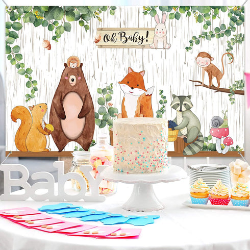 Woodland Baby Shower Backdrop, 3.6 x 6 ft Jungle Animals Birthday Party Decorations for Safari Baby Shower