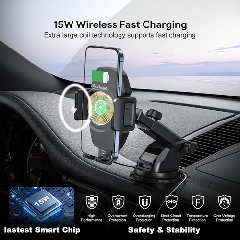 Esoulk 15W Wireless Car Charger Phone Mount, Fast Charging Car Mount Charger with Auto Clamping, Car Charger Phone