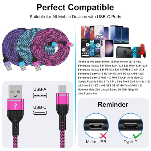 USB to USB C Cable 6FT/3Pack for Samsung Galaxy A17 A16 5G, Fast Charger Cord for iPhone 16e/16 Pro/16 Pro Max