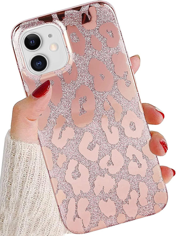 J.west Case for iPhone 12/12 Pro 6.1-inch, Luxury Bling Glitter Leopard Print Design, Soft Metallic TPU Cover for Women