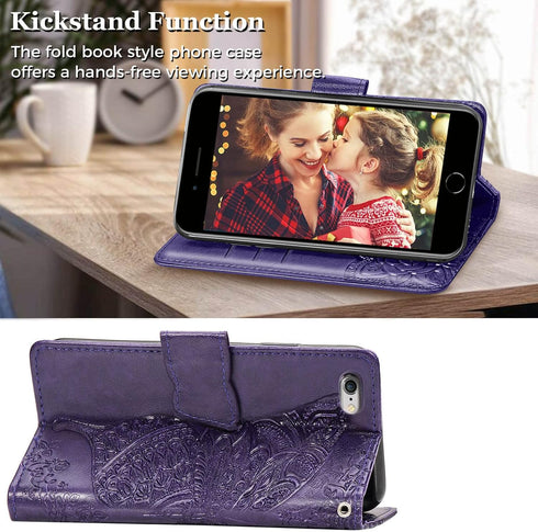 Wallet Case for iPhone SE 2020/2022/iPhone 8/7, Women Butterfly Embossed PU Leather Stand with Card Slots (Purple)