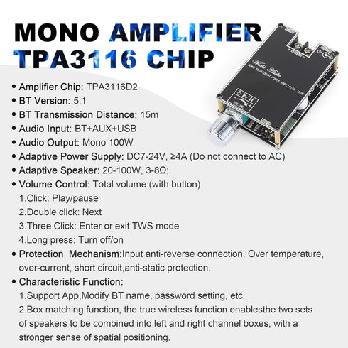 ZK-1001B Mono Bluetooth Amplifier Board with TPA316D2 Chip, Wide Voltage Input 12-24V, Peak Output Power 100W, Black