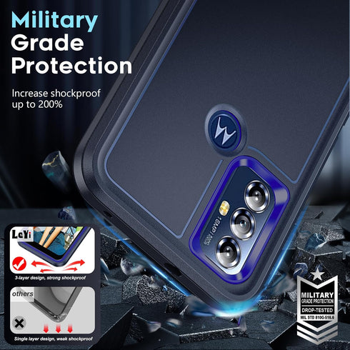 LeYi Heavy Duty Phone Case for Moto G Play 2023: 3-in-1 Military Grade Shockproof Cover with Screen Protector, Blue.