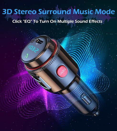 Wireless FM Transmitter Car Bluetooth Adapter, USB C & QC3.0 Dual Fast Charging, Cigarette Lighter Radio Music,