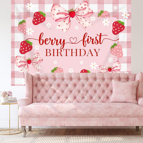 1st 7x5ft Berry First Birthday Backdrop for Girl Pink Bowknot Strawberry Photography Background Sweet One Birthday