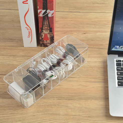 Electronics Organizer Clear Acrylic Cable Storage Bin Box, 4 Sections with 20 PCS Reusable Fastening Ties