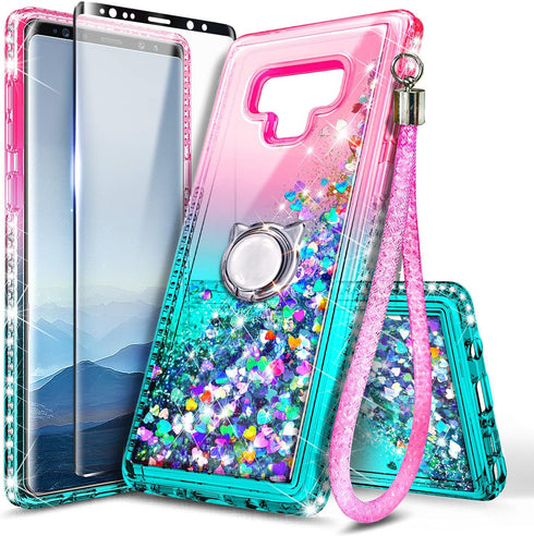Case for Samsung Galaxy Note 9 with Screen Protector, Pink/Aqua, Sparkle Glitter Flowing Liquid, Ring Holder/Wrist Strap