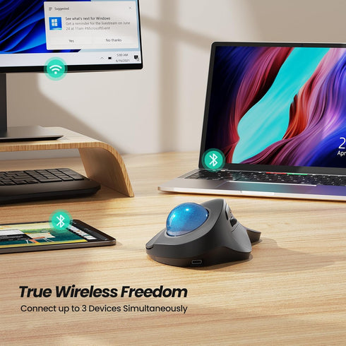 Nulea Wireless Ergonomic Trackball Mouse, Rechargeable Bluetooth Rollerball Mouse, 5 Adjustable DPI, Compatible with