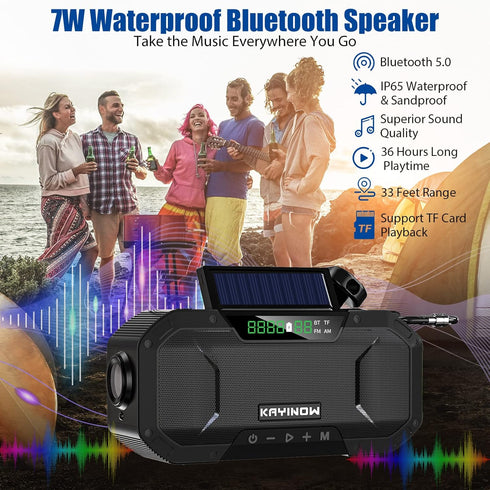Portable Emergency Weather Radio with Waterproof Bluetooth Speaker, Hand Crank Solar Rechargeable, 5000mAh Charger,